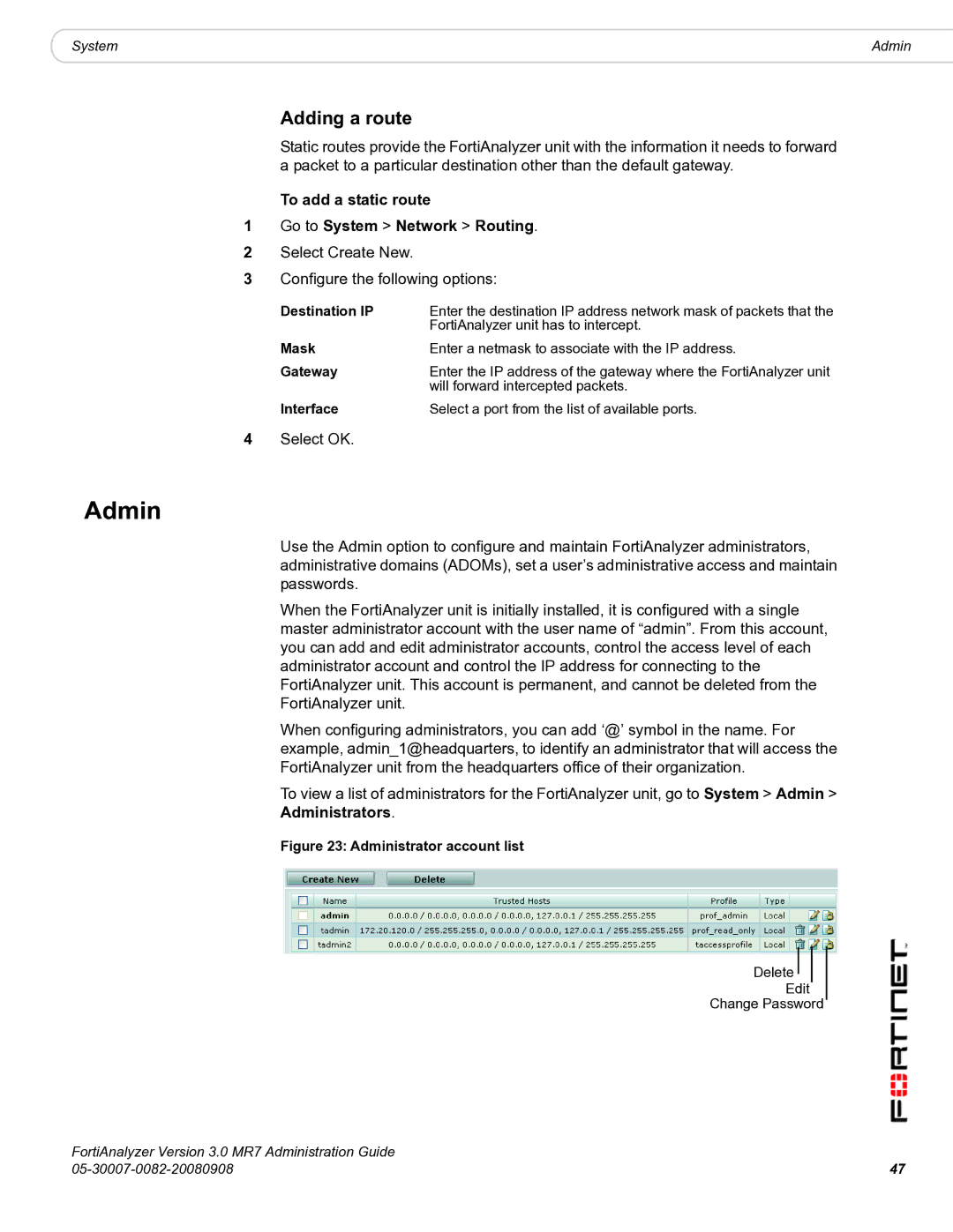 Fortinet 3.0 MR7 manual Admin, Adding a route, To add a static route Go to System Network Routing 