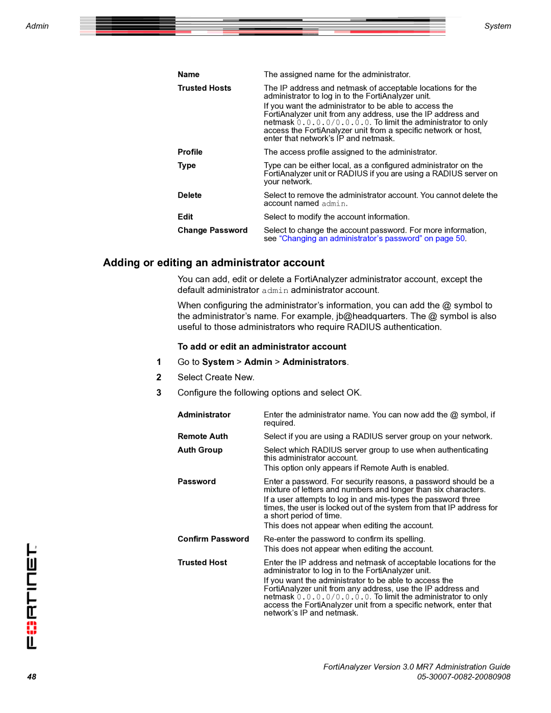 Fortinet 3.0 MR7 manual Adding or editing an administrator account 