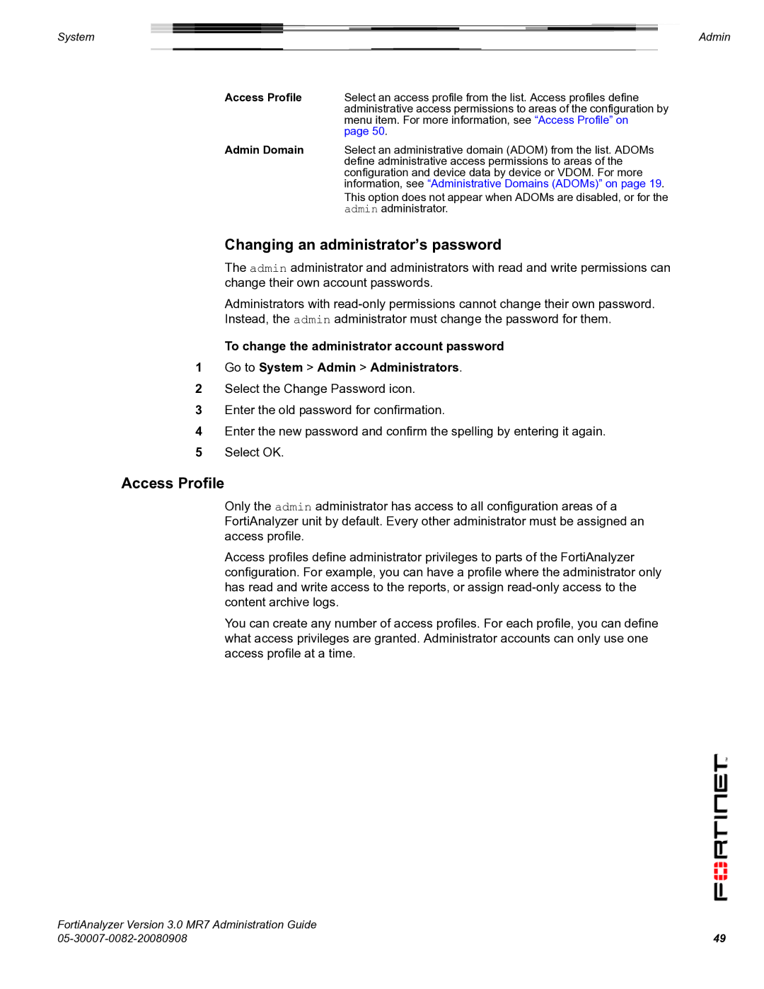 Fortinet 3.0 MR7 manual Changing an administrator’s password, Access Profile, Admin Domain 