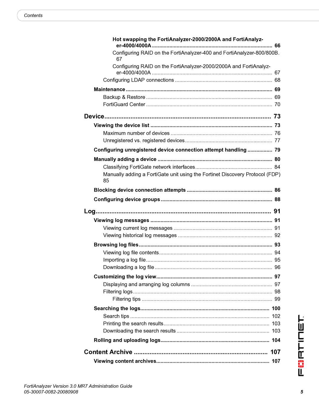 Fortinet 3.0 MR7 manual Device, Log, Content Archive 107 