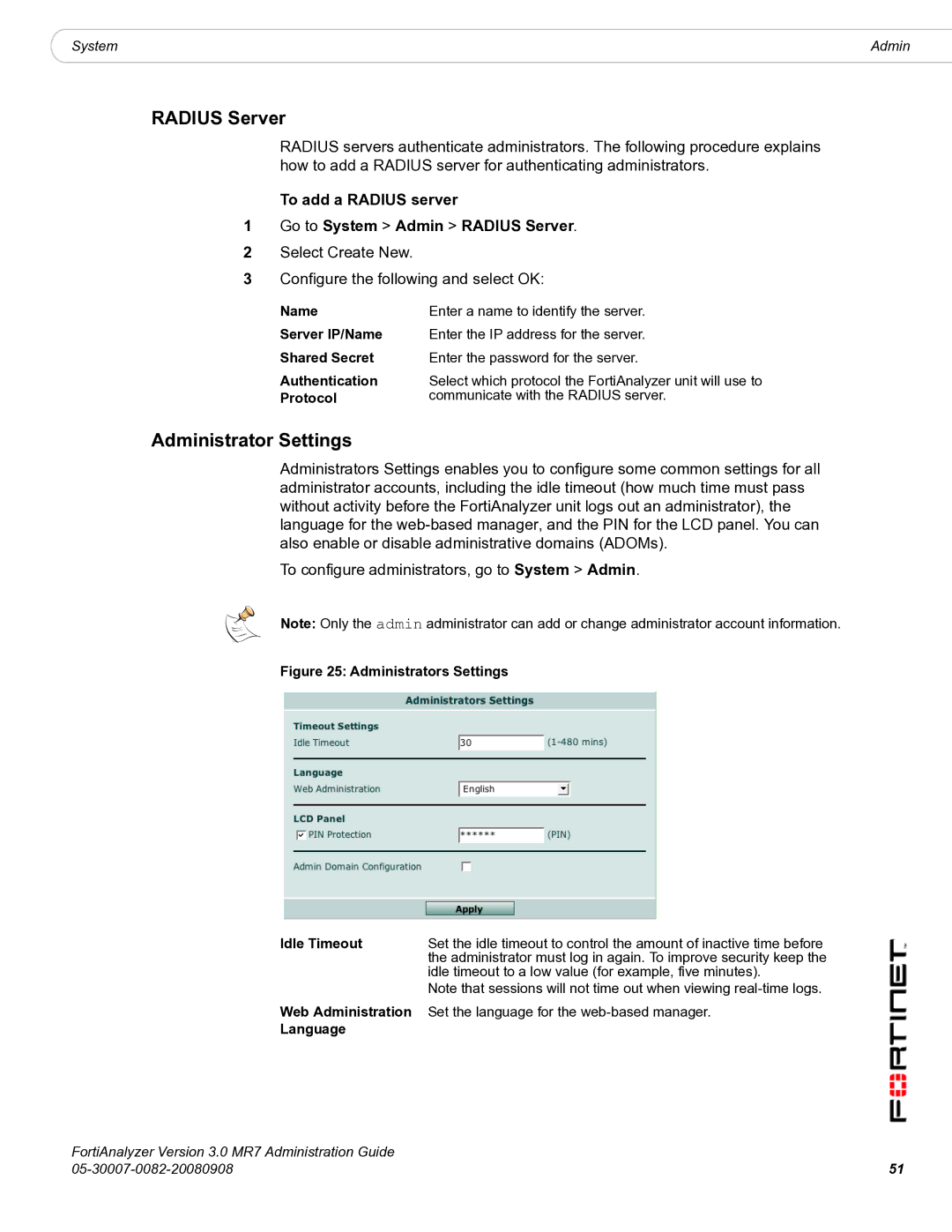 Fortinet 3.0 MR7 manual Administrator Settings, To add a Radius server Go to System Admin Radius Server 