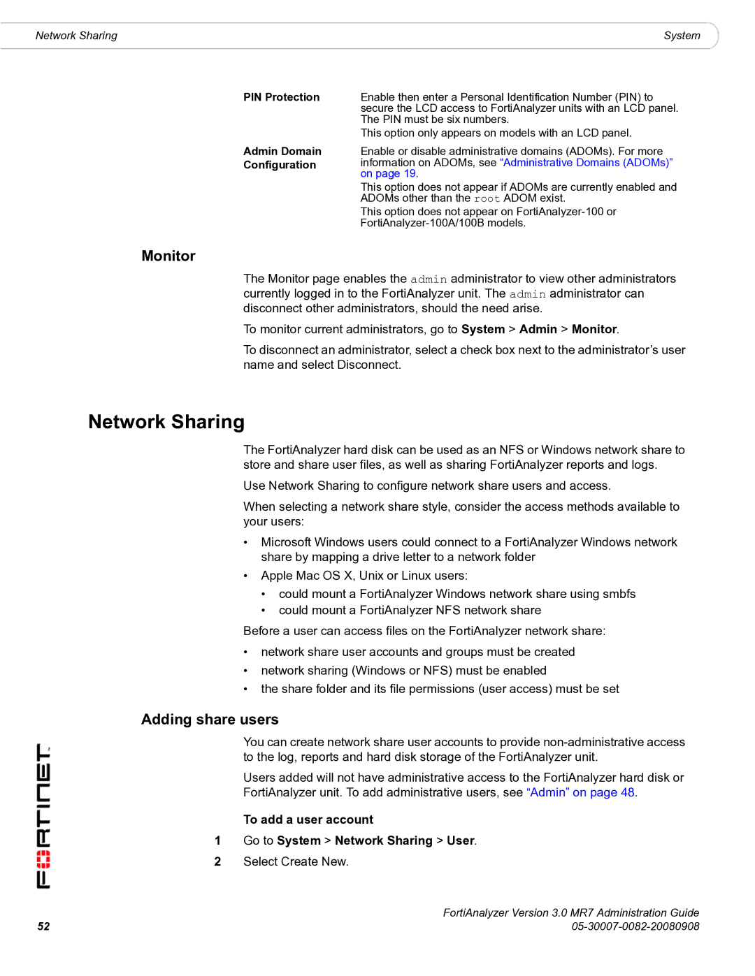 Fortinet 3.0 MR7 manual Monitor, Adding share users, To add a user account Go to System Network Sharing User 