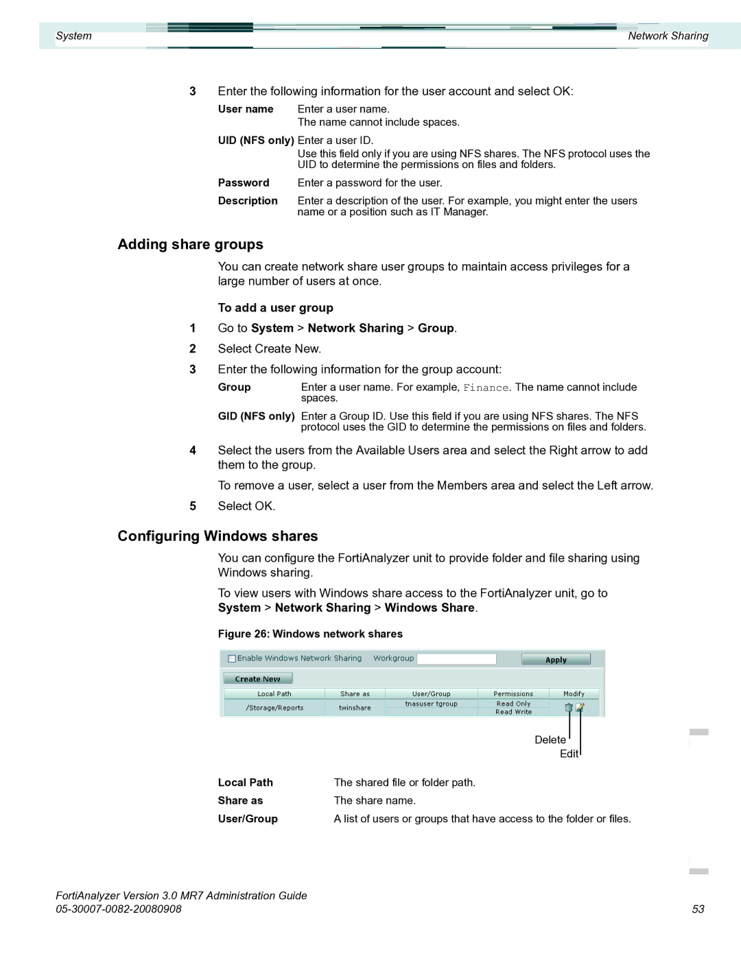 Fortinet 3.0 MR7 Adding share groups, Configuring Windows shares, To add a user group Go to System Network Sharing Group 