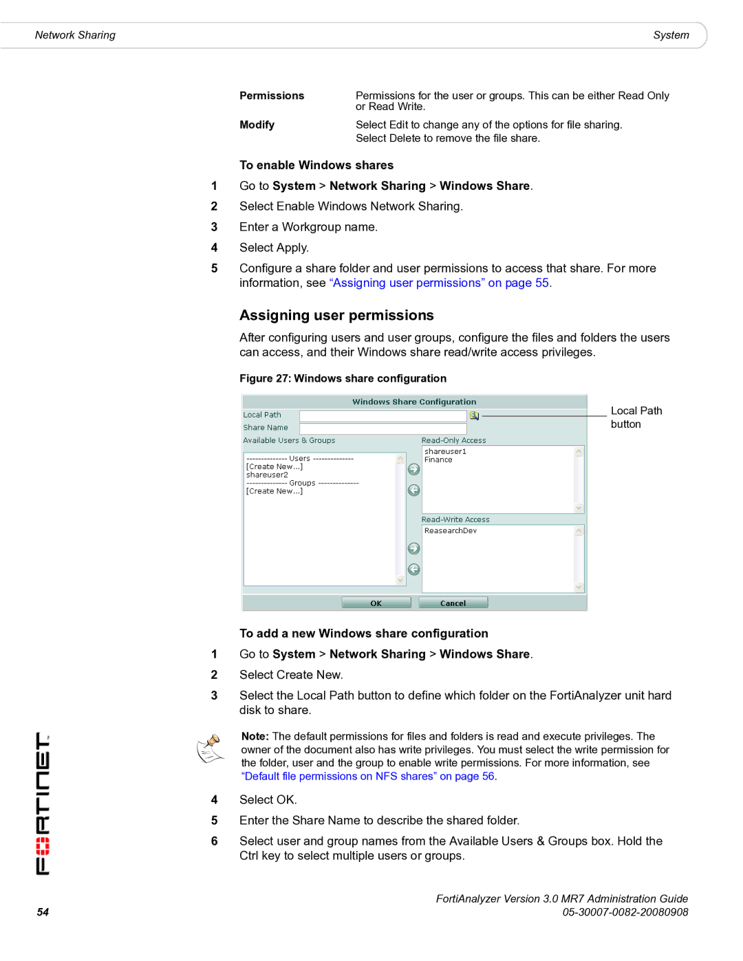 Fortinet 3.0 MR7 manual Assigning user permissions, Permissions 