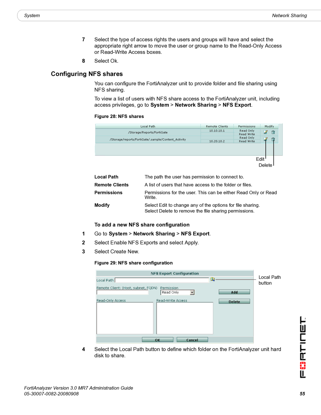 Fortinet 3.0 MR7 manual Configuring NFS shares, Remote Clients 