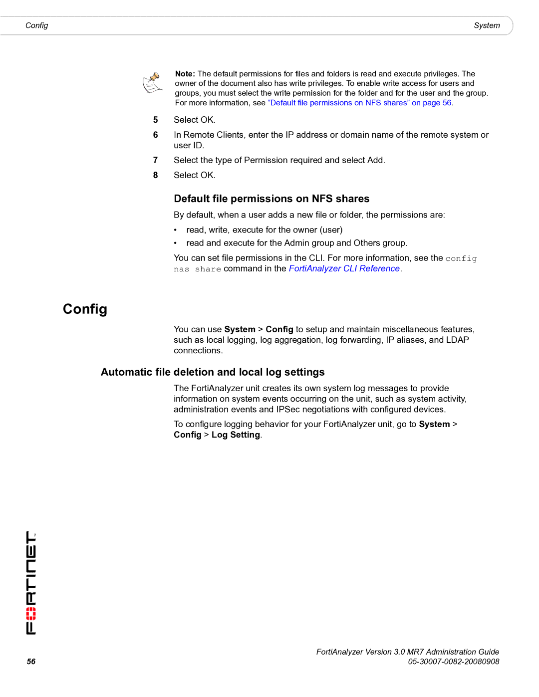 Fortinet 3.0 MR7 manual Config, Default file permissions on NFS shares, Automatic file deletion and local log settings 