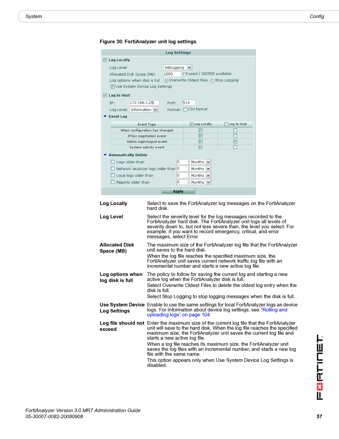 Fortinet 3.0 MR7 manual FortiAnalyzer unit log settings Log Locally, Log Level Allocated Disk Space MB 