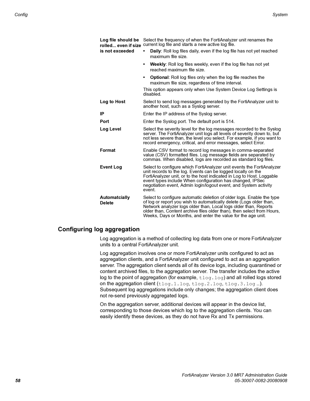 Fortinet 3.0 MR7 manual Configuring log aggregation 