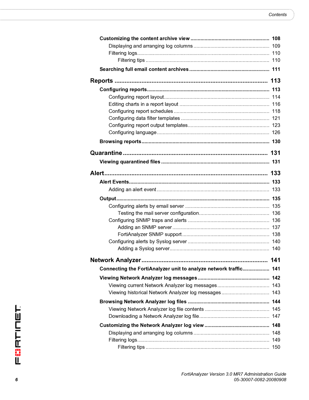 Fortinet 3.0 MR7 manual Reports 113, Quarantine 131, Alert 133, Network Analyzer 141 