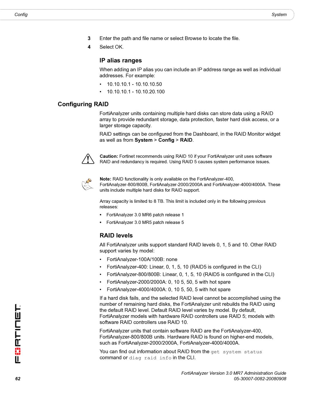 Fortinet 3.0 MR7 manual IP alias ranges, Configuring RAID, RAID levels 