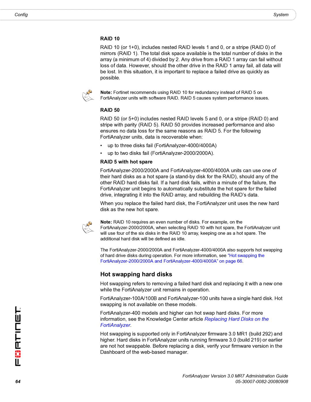 Fortinet 3.0 MR7 manual Hot swapping hard disks, RAID 5 with hot spare 