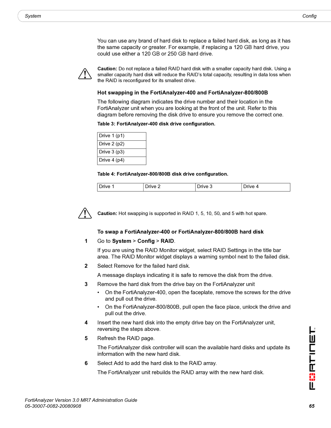 Fortinet 3.0 MR7 manual FortiAnalyzer-400 disk drive configuration, FortiAnalyzer-800/800B disk drive configuration 