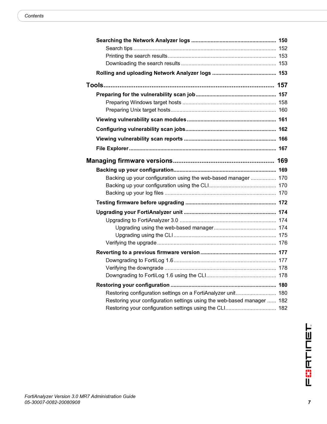 Fortinet 3.0 MR7 manual Tools 157, Managing firmware versions 169 