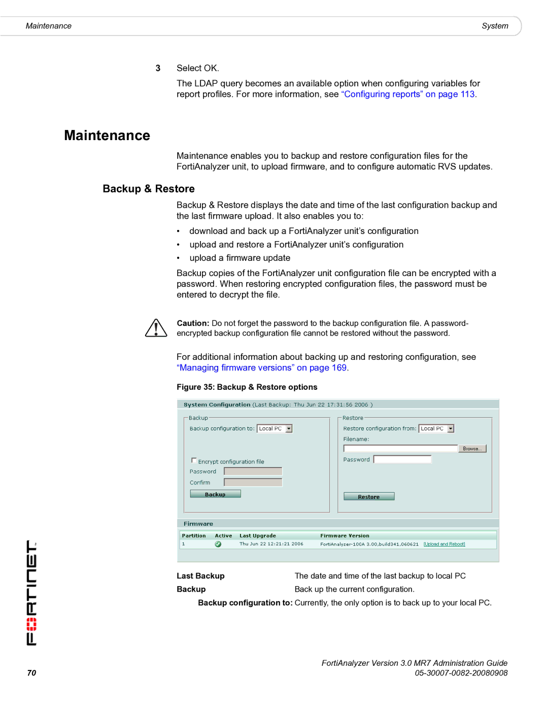 Fortinet 3.0 MR7 manual Maintenance, Backup & Restore, Backup Back up the current configuration 