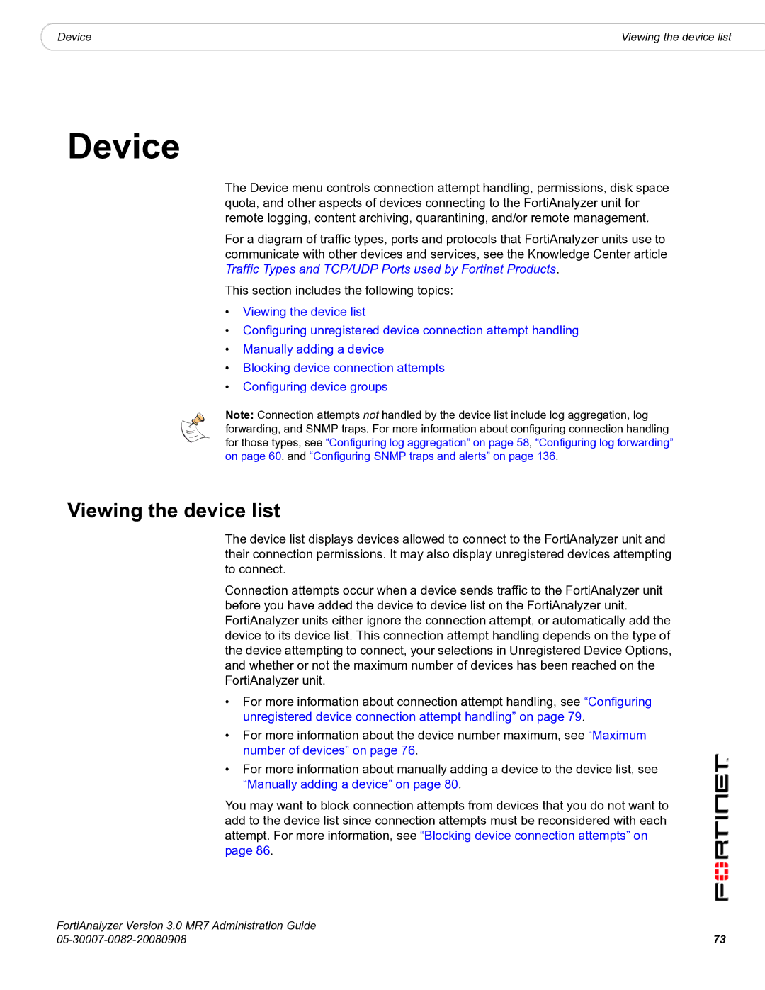 Fortinet 3.0 MR7 manual Device, Viewing the device list 