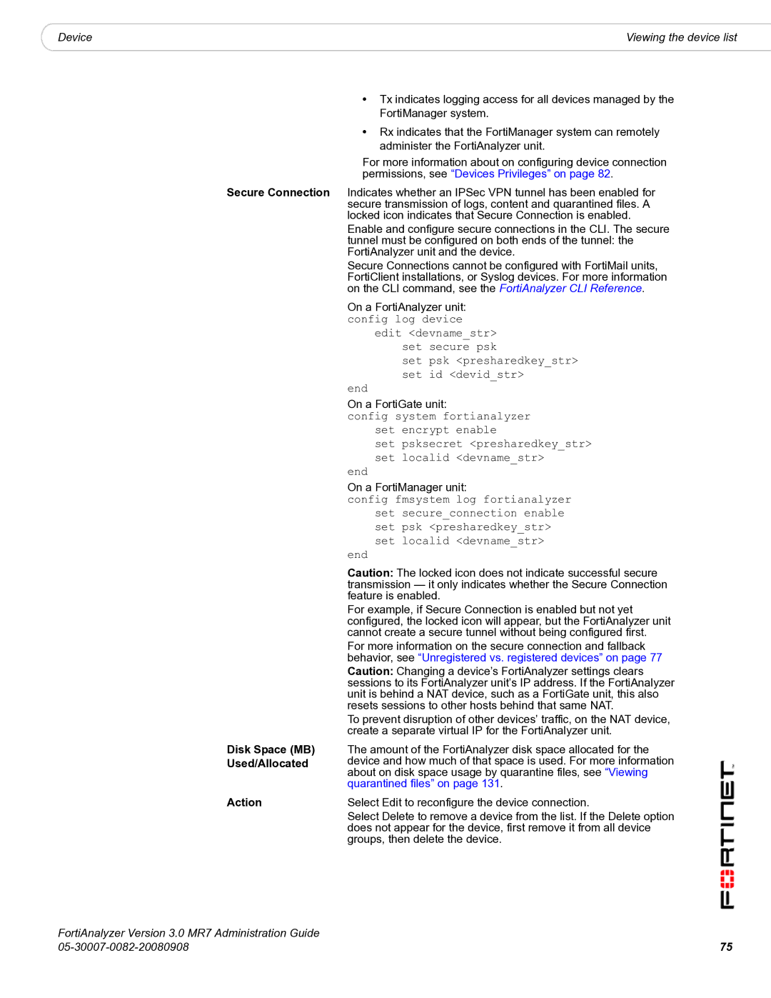 Fortinet 3.0 MR7 manual Secure Connection Disk Space MB Used/Allocated, Action 