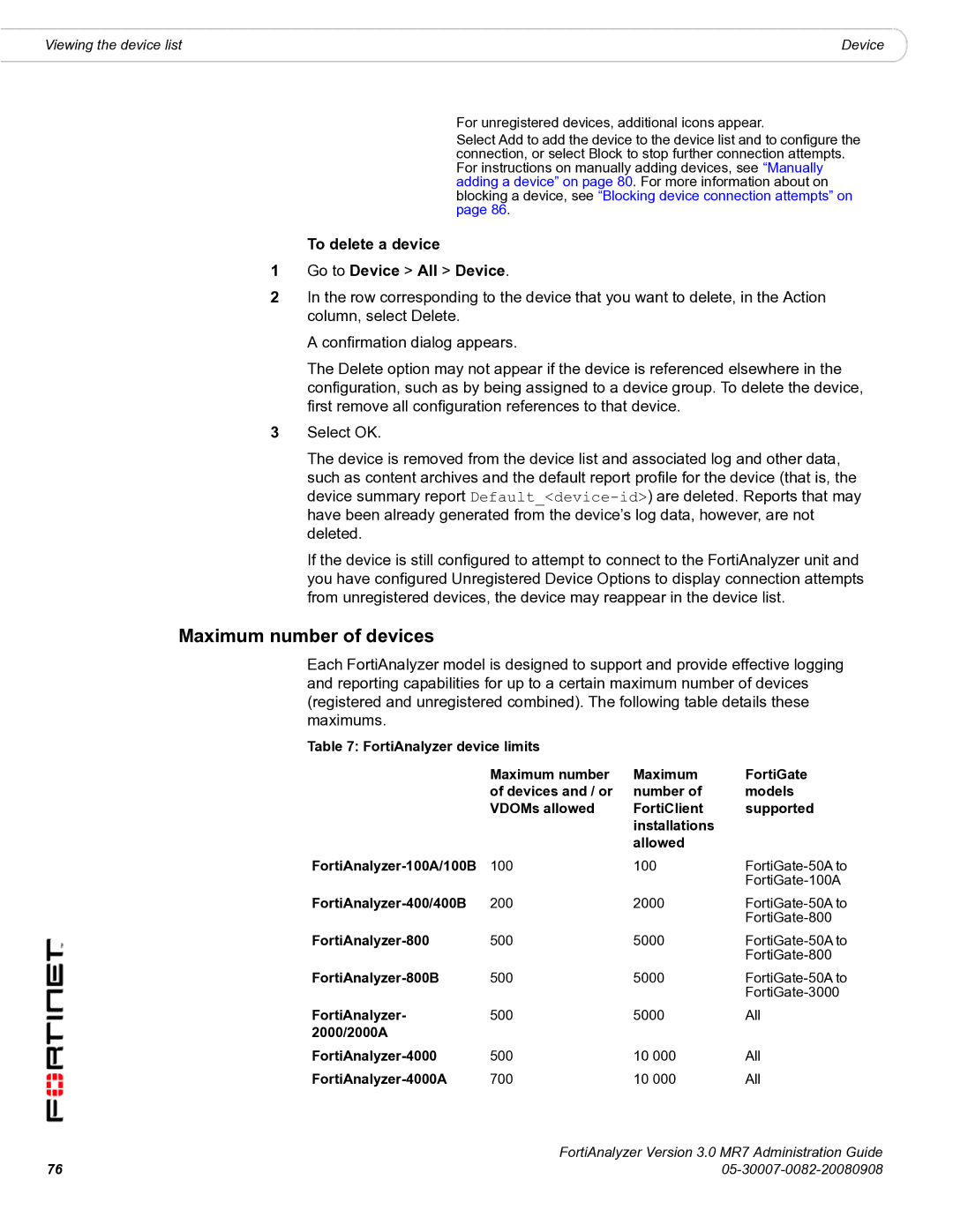 Fortinet 3.0 MR7 manual Maximum number of devices, To delete a device Go to Device All Device 