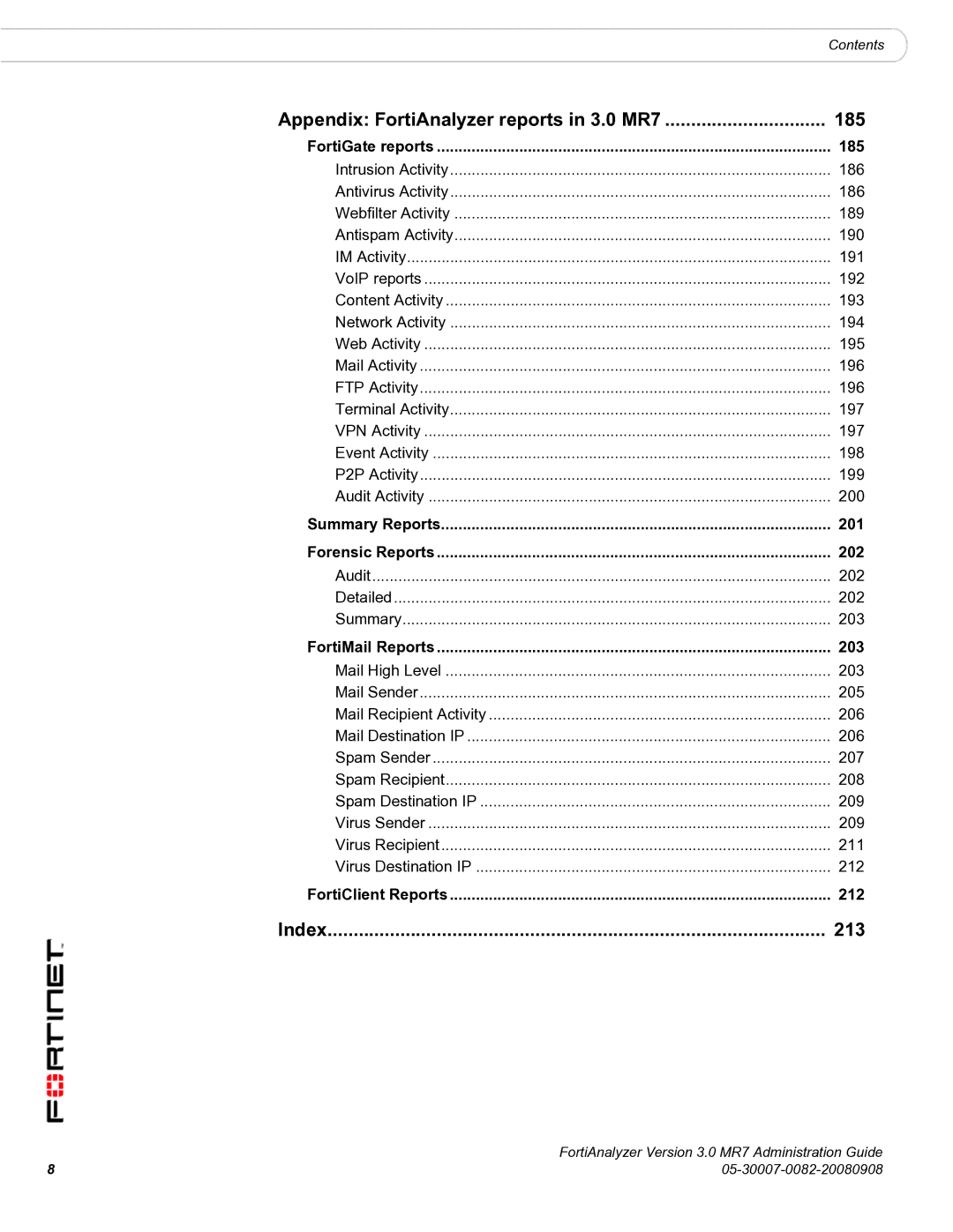 Fortinet manual Appendix FortiAnalyzer reports in 3.0 MR7 185, Index 213 