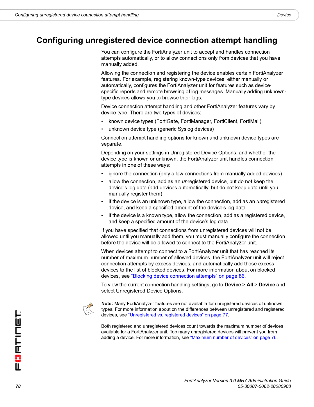 Fortinet 3.0 MR7 manual Configuring unregistered device connection attempt handling 