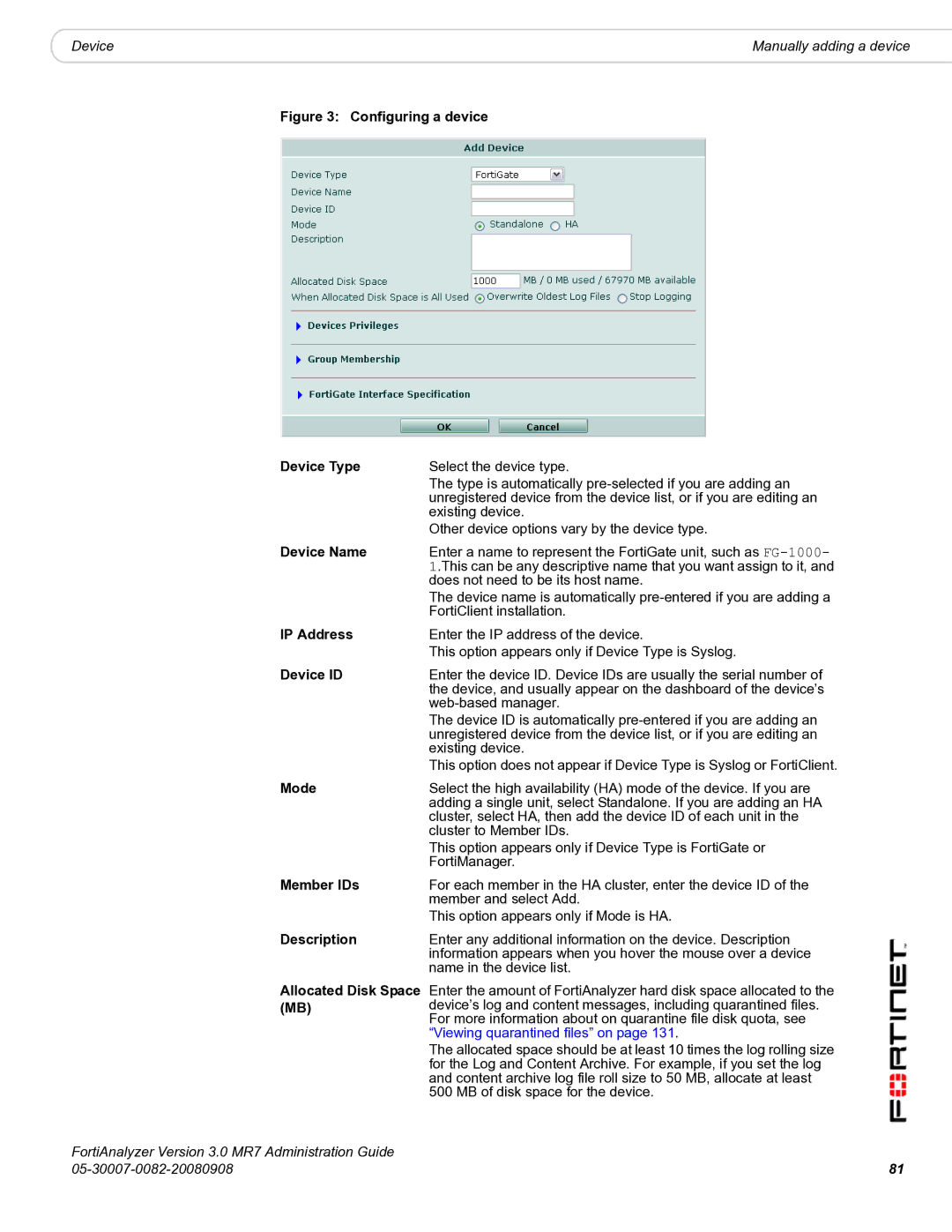 Fortinet 3.0 MR7 manual Device Name, Device ID, Mode, Member IDs, Description 