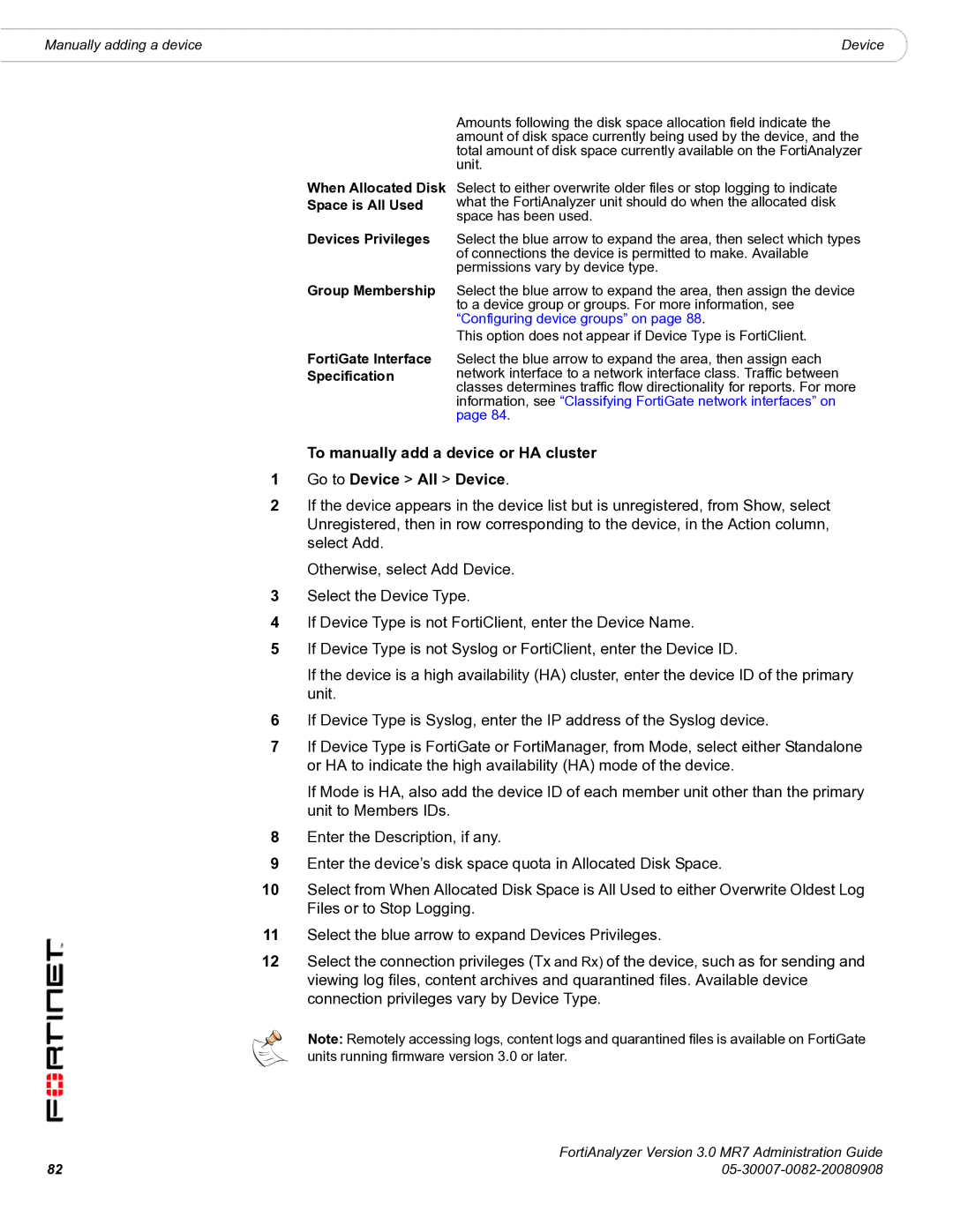 Fortinet 3.0 MR7 manual When Allocated Disk Space is All Used Devices Privileges 