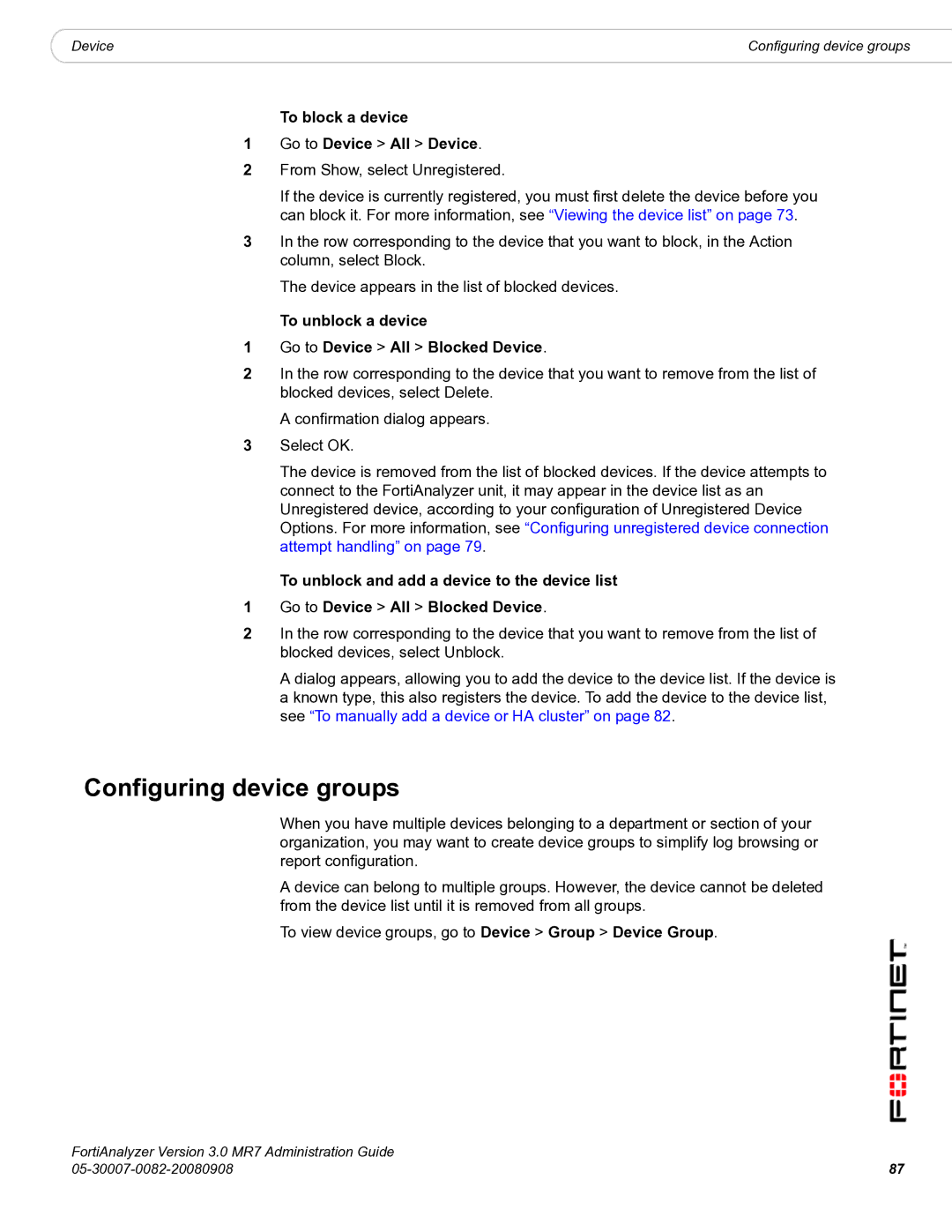 Fortinet 3.0 MR7 manual Configuring device groups, To block a device Go to Device All Device 