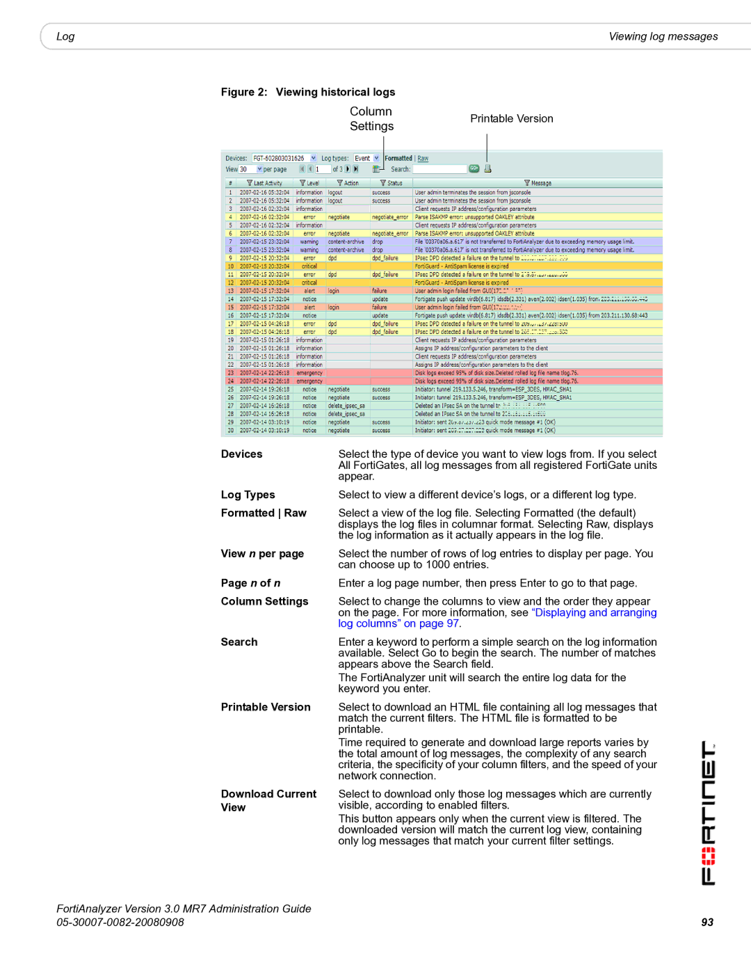 Fortinet 3.0 MR7 manual Column, Settings 