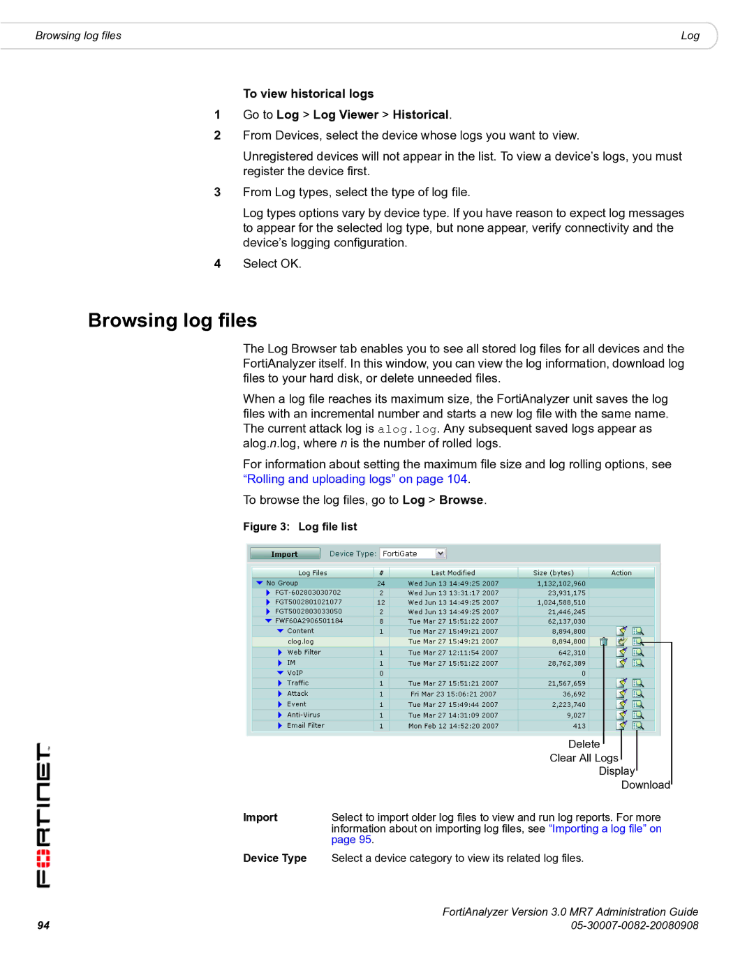 Fortinet 3.0 MR7 manual Browsing log files, To view historical logs Go to Log Log Viewer Historical, Import 