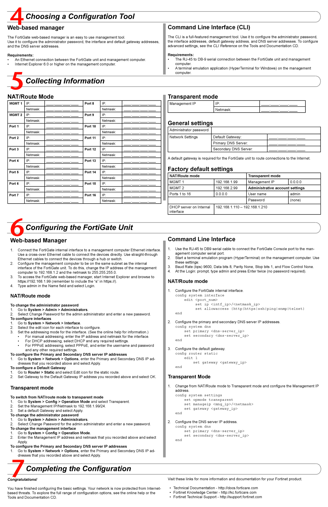 Fortinet 3016B user manual Choosing a Configuration Tool, Collecting Information, Configuring the FortiGate Unit 