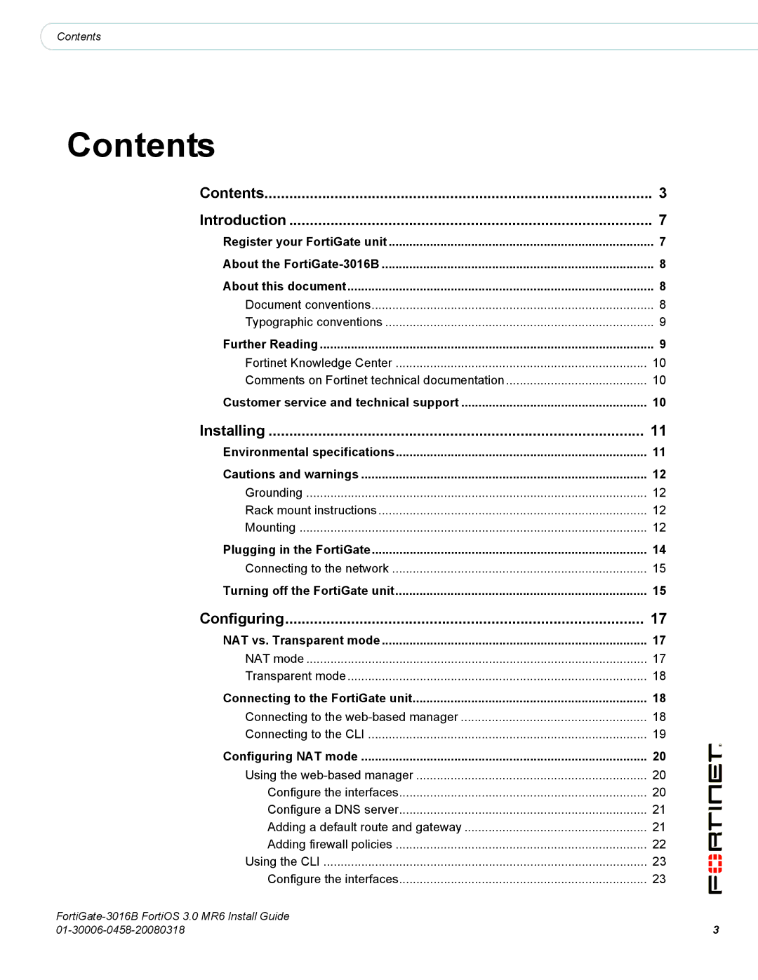 Fortinet 3016B manual Contents 