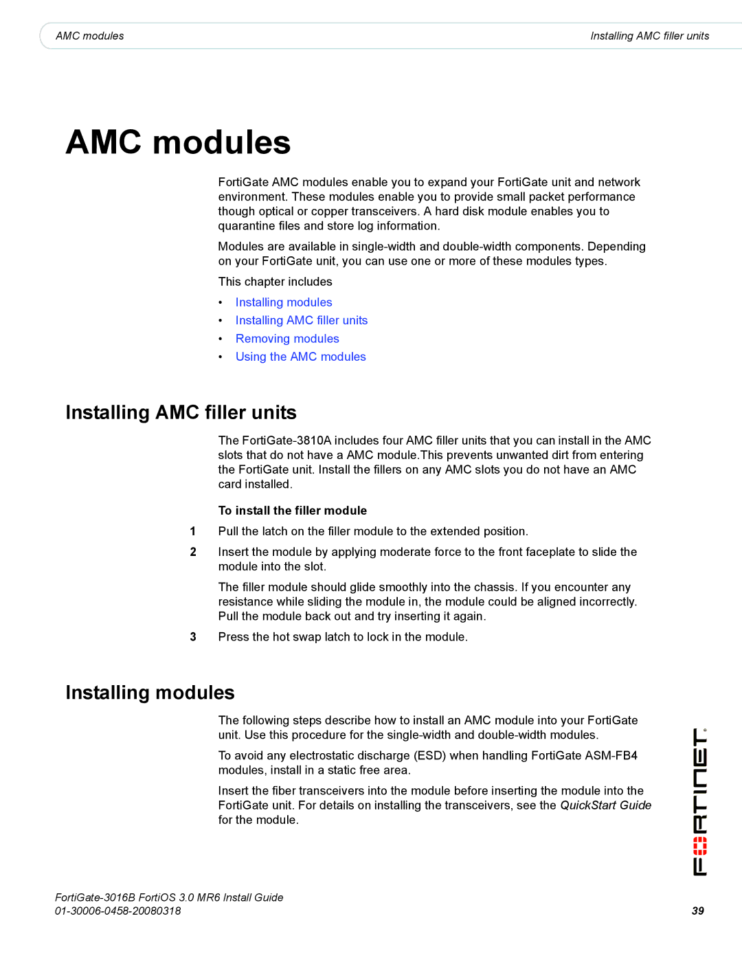 Fortinet 3016B manual AMC modules, Installing AMC filler units, Installing modules, To install the filler module 