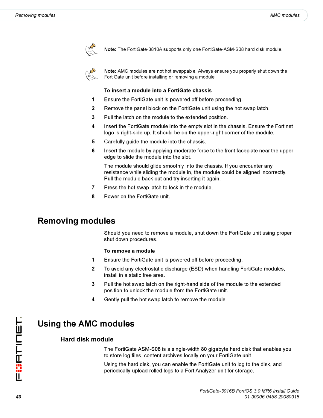 Fortinet 3016B Removing modules, Using the AMC modules, Hard disk module, To insert a module into a FortiGate chassis 