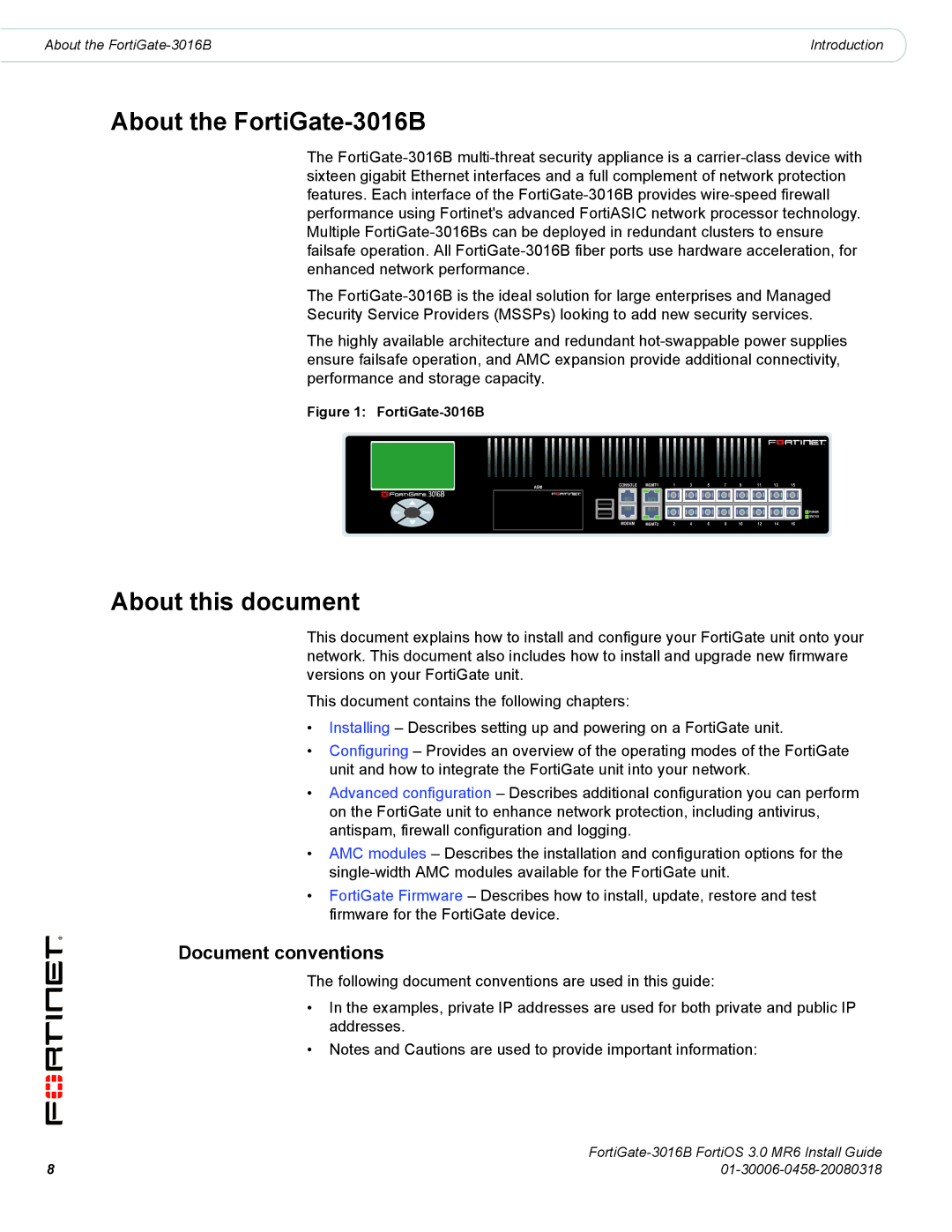 Fortinet manual About the FortiGate-3016B, About this document, Document conventions 