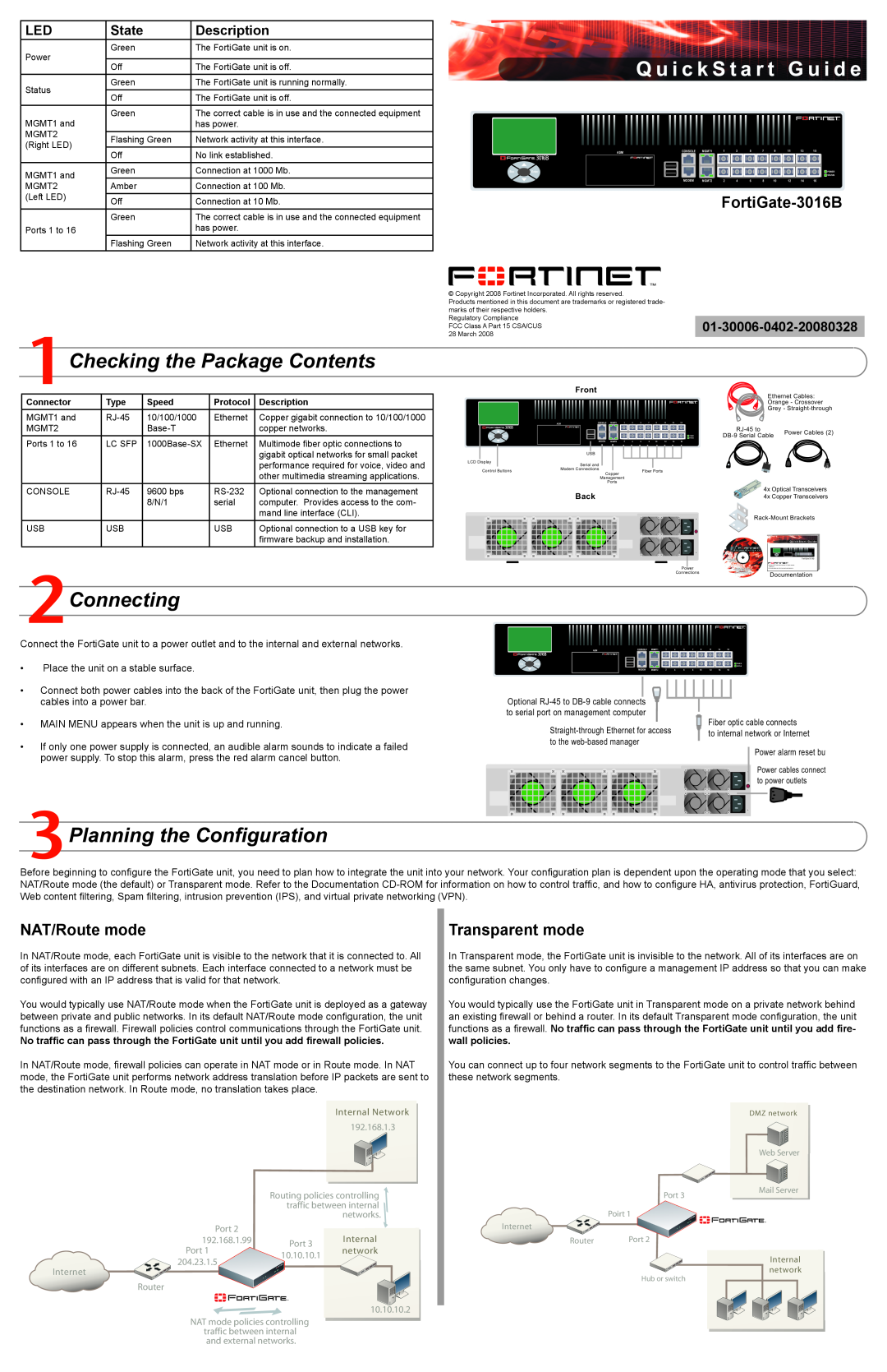 Fortinet user manual Checking the Package Contents, Connecting, Planning the Configuration, FortiGate-3016B, State 