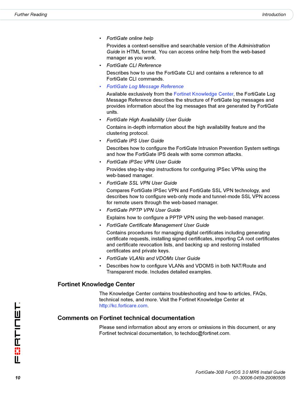 Fortinet 30B manual Fortinet Knowledge Center, Comments on Fortinet technical documentation 