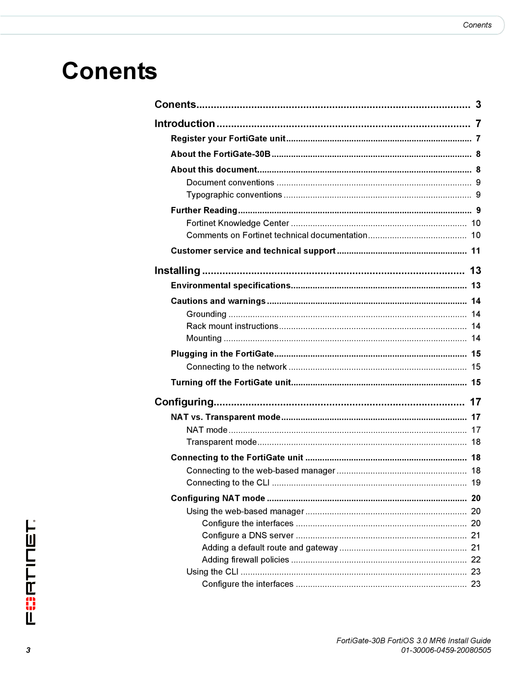 Fortinet 30B manual Conents Introduction, Installing, Configuring 