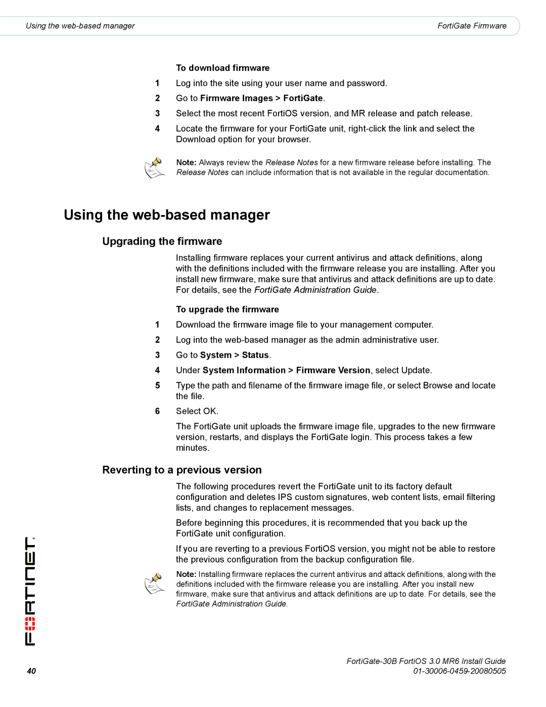 Fortinet 30B manual Using the web-based manager, Upgrading the firmware, Reverting to a previous version 