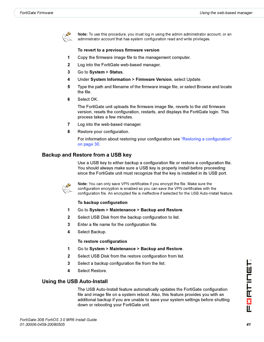 Fortinet 30B manual Backup and Restore from a USB key, Using the USB Auto-Install, To revert to a previous firmware version 