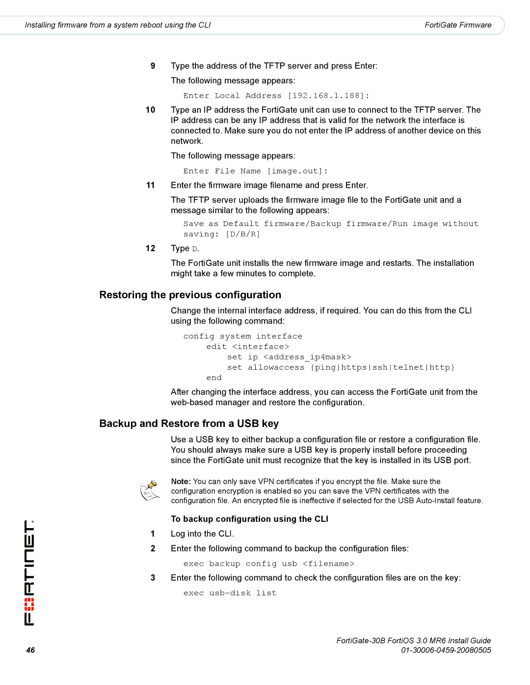 Fortinet 30B manual Restoring the previous configuration, To backup configuration using the CLI 