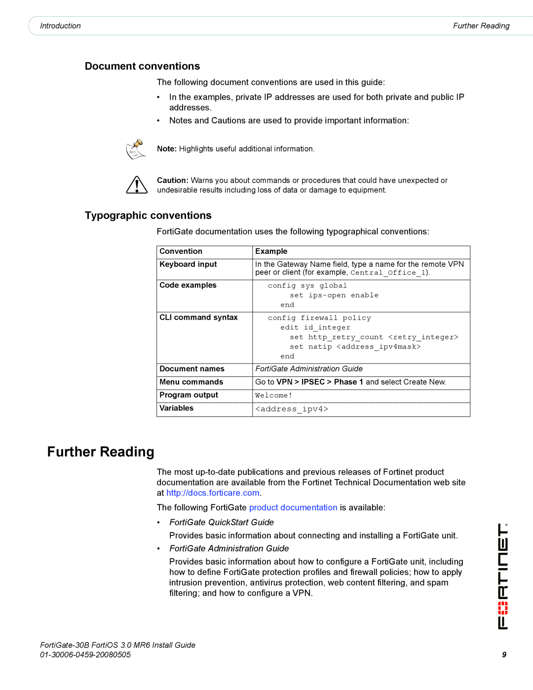 Fortinet 30B manual Further Reading, Document conventions, Typographic conventions 