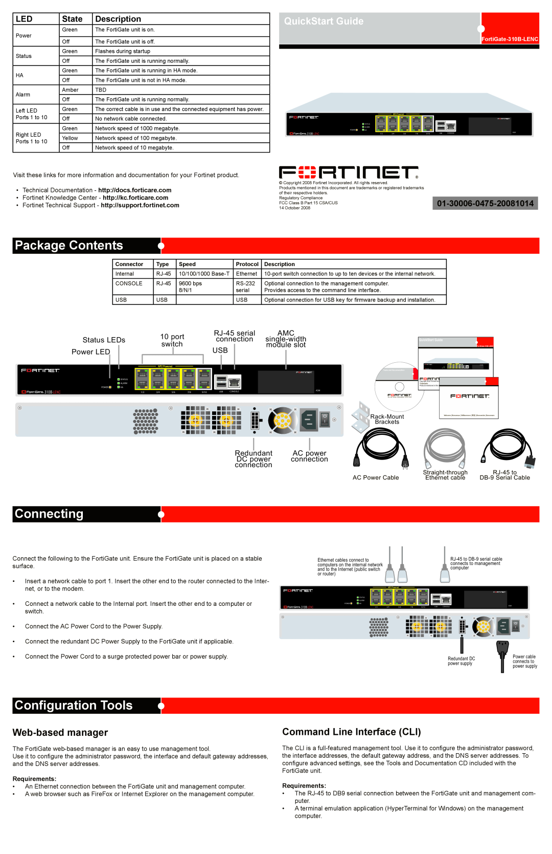 Fortinet 310B-LENC quick start Package Contents, Connecting, Configuration Tools, Web-based manager, QuickStart Guide 