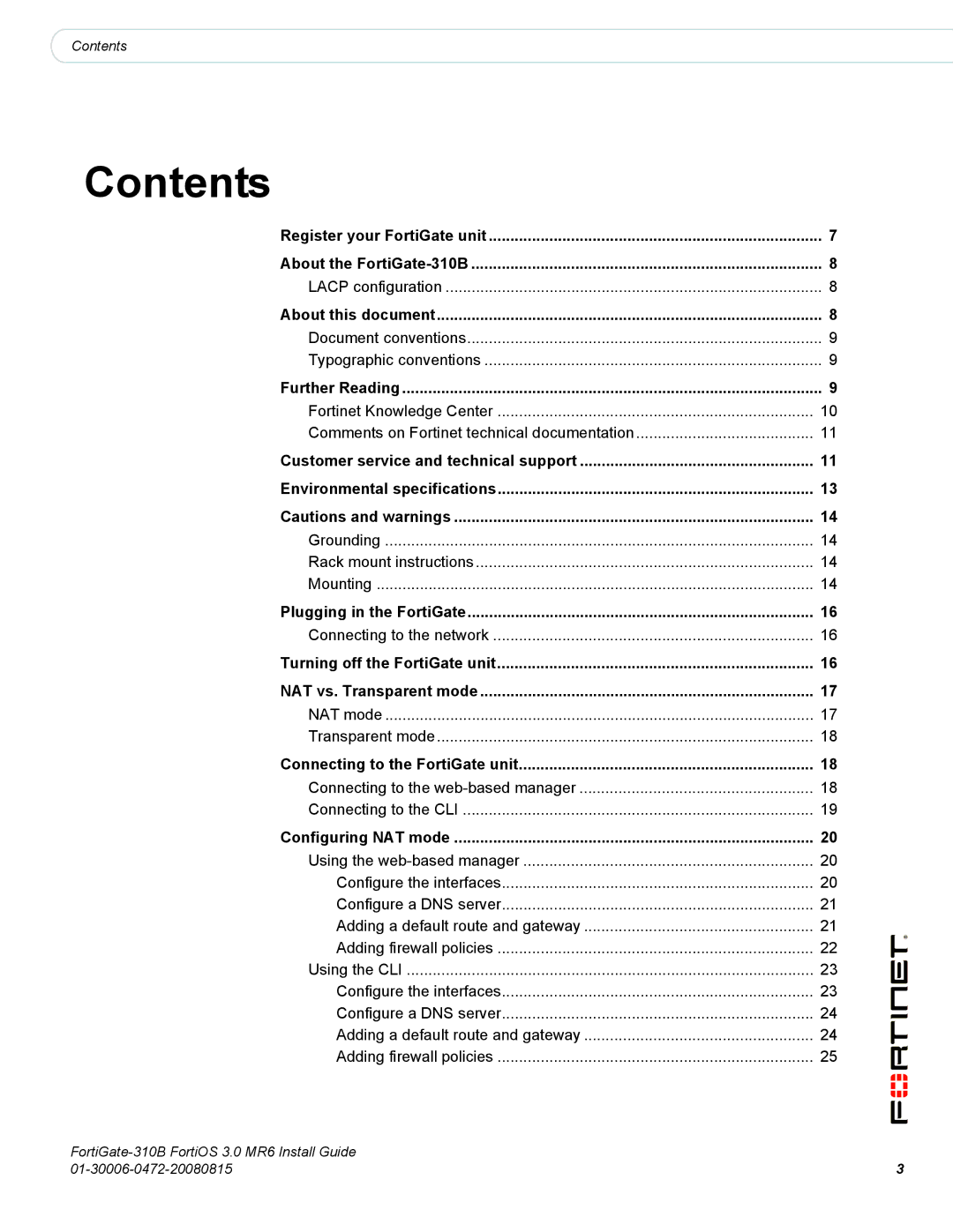 Fortinet 310B manual Contents 