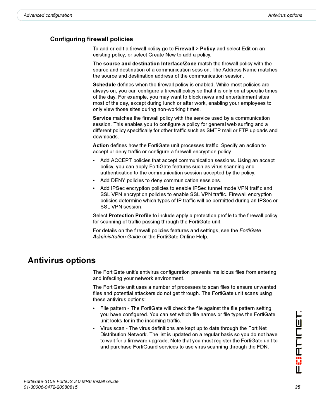 Fortinet 310B manual Antivirus options, Configuring firewall policies 