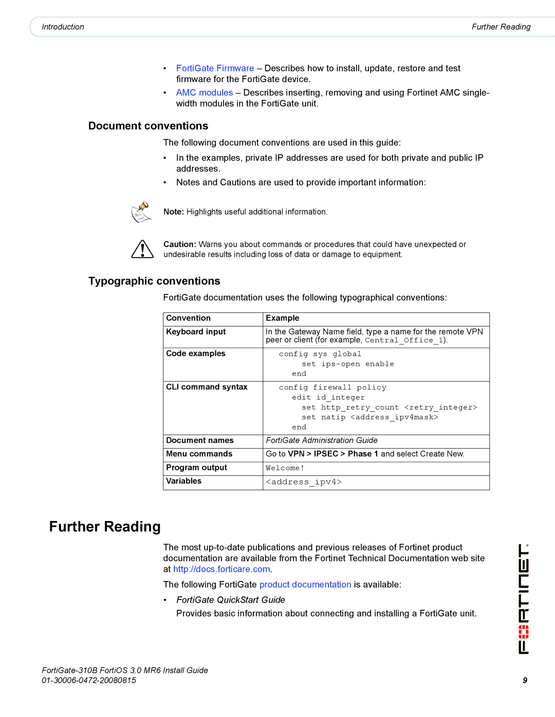 Fortinet 310B manual Further Reading, Document conventions, Typographic conventions, Addressipv4 