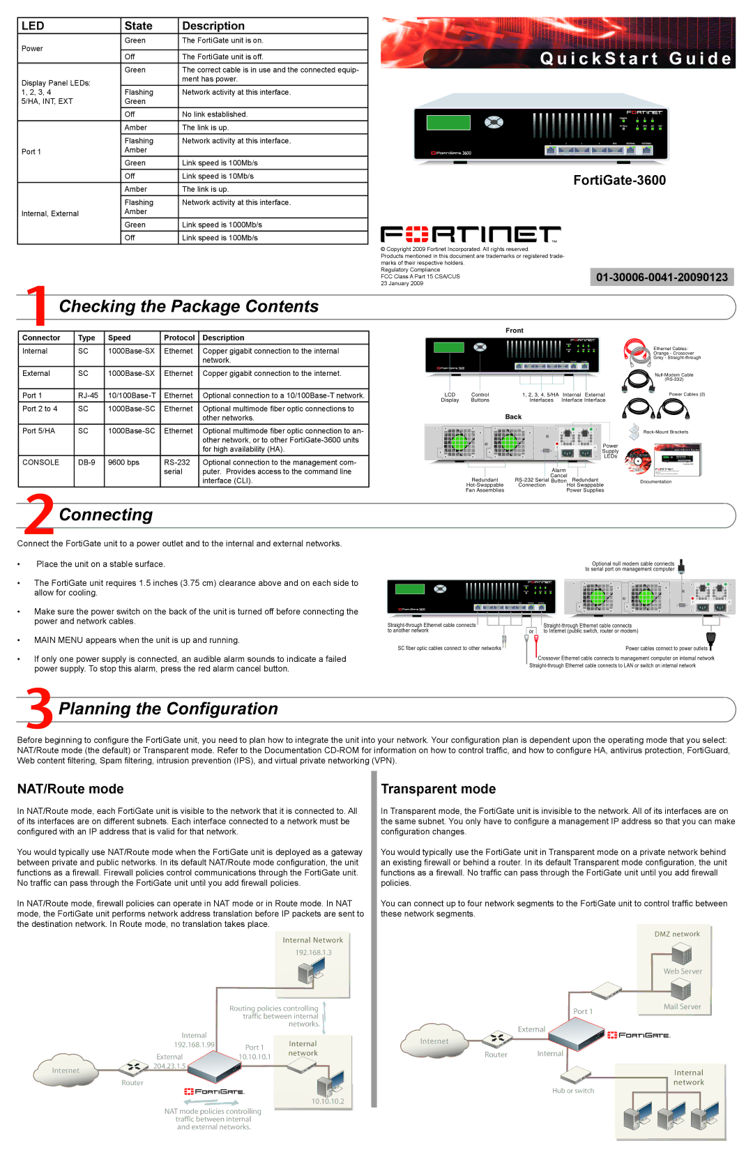 Fortinet 3600 quick start Checking the Package Contents, Connecting, Planning the Configuration 