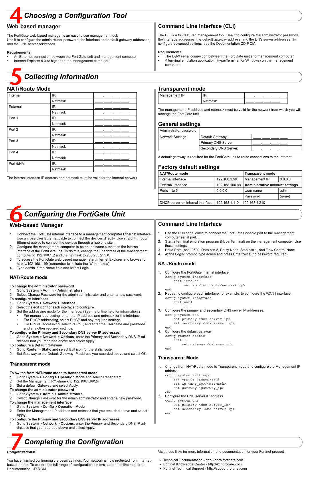 Fortinet 3600 quick start Choosing a Configuration Tool, Collecting Information, Configuring the FortiGate Unit 