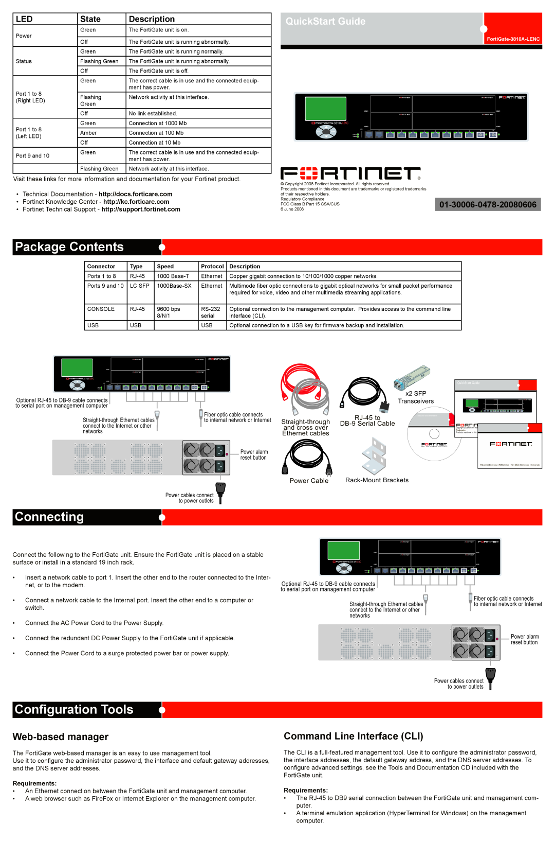Fortinet 3810A-LENC quick start Package Contents, Connecting, Configuration Tools, Web-based manager, QuickStart Guide 