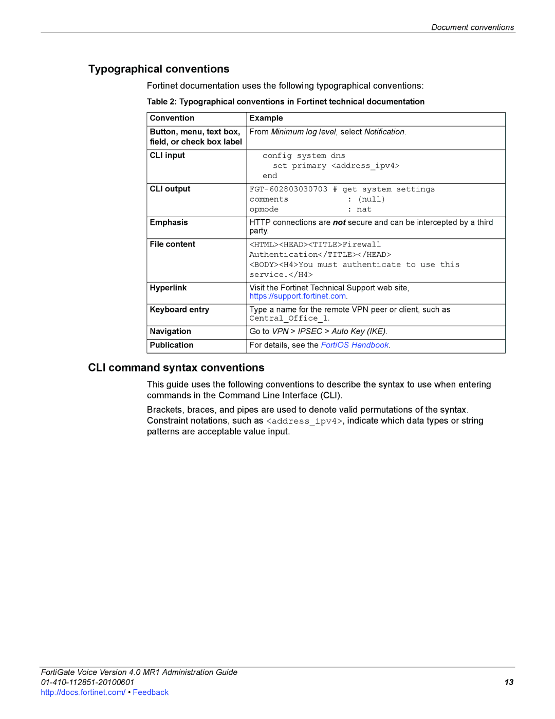 Fortinet 4.0 MR1 manual Typographical conventions, CLI command syntax conventions 