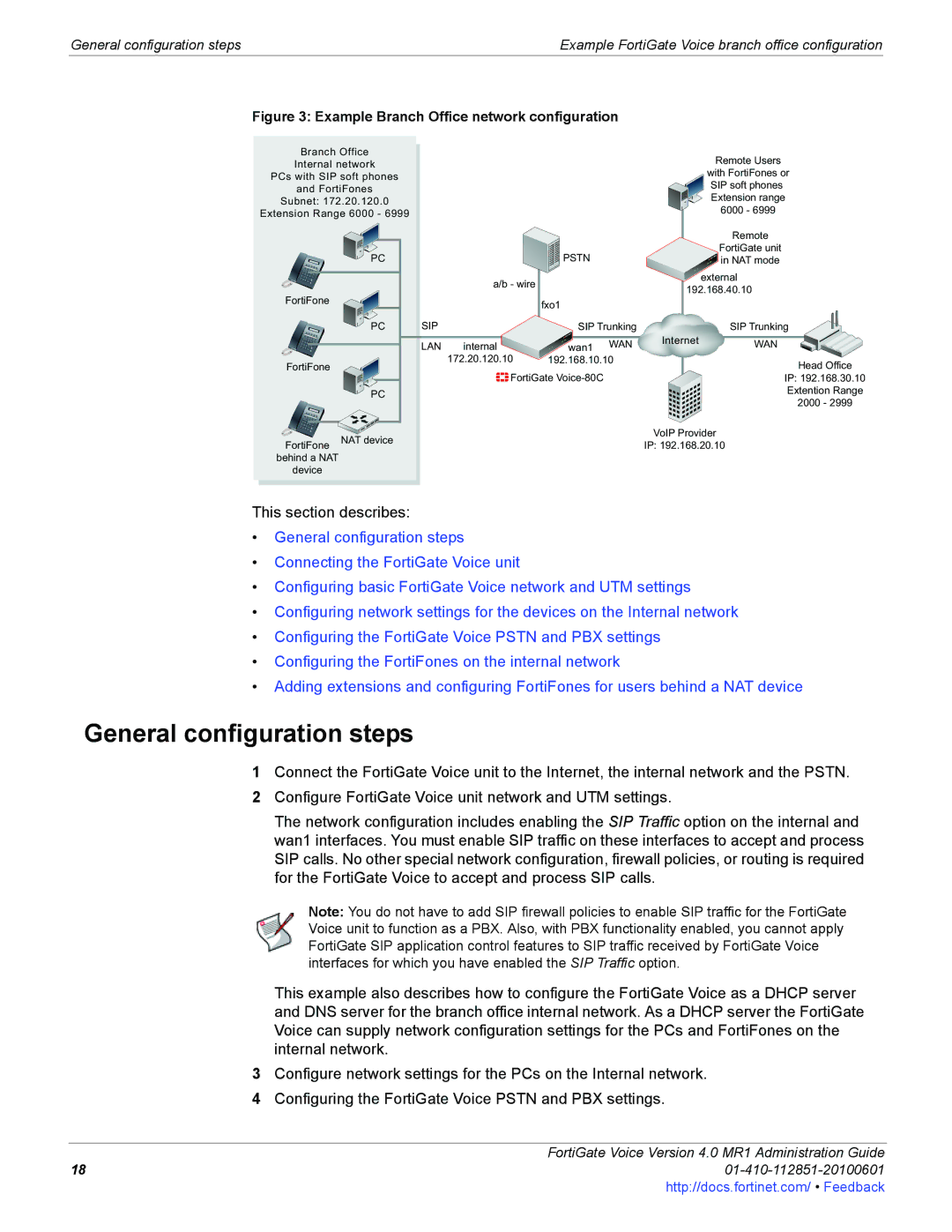 Fortinet 4.0 MR1 manual General configuration steps, Example Branch Office network configuration 