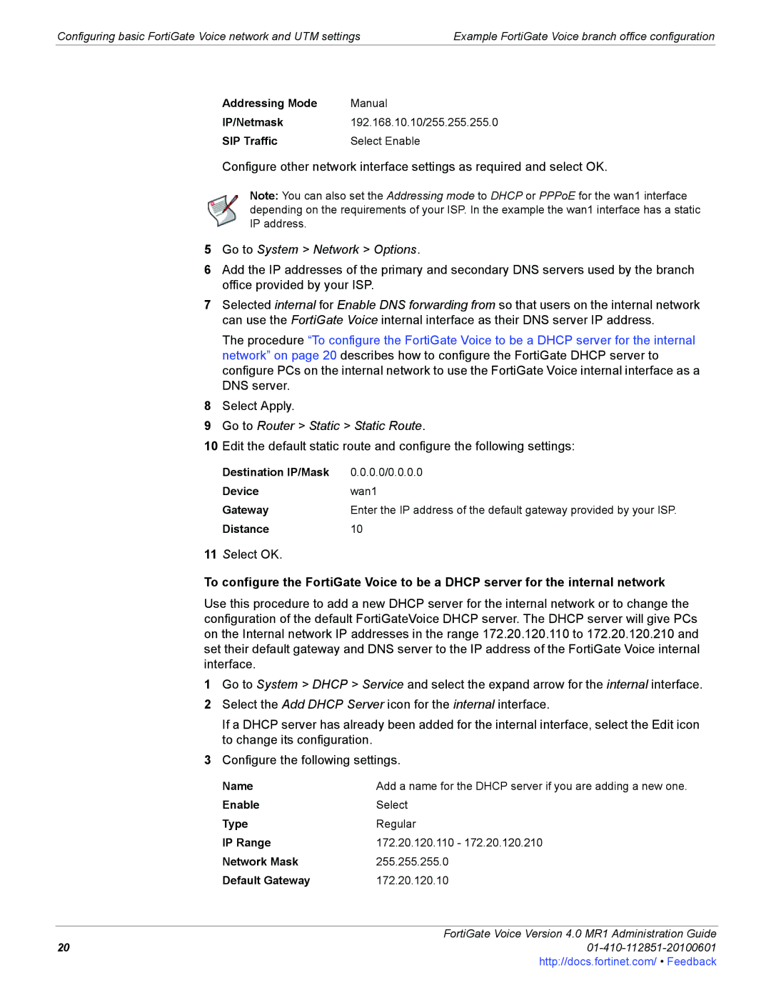 Fortinet 4.0 MR1 manual Go to System Network Options, Go to Router Static Static Route 